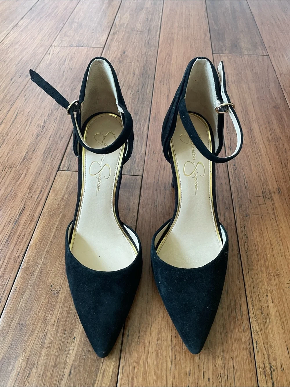 Jessica Simpson Black Suede Pointed-Toe Ankle Strap Heels